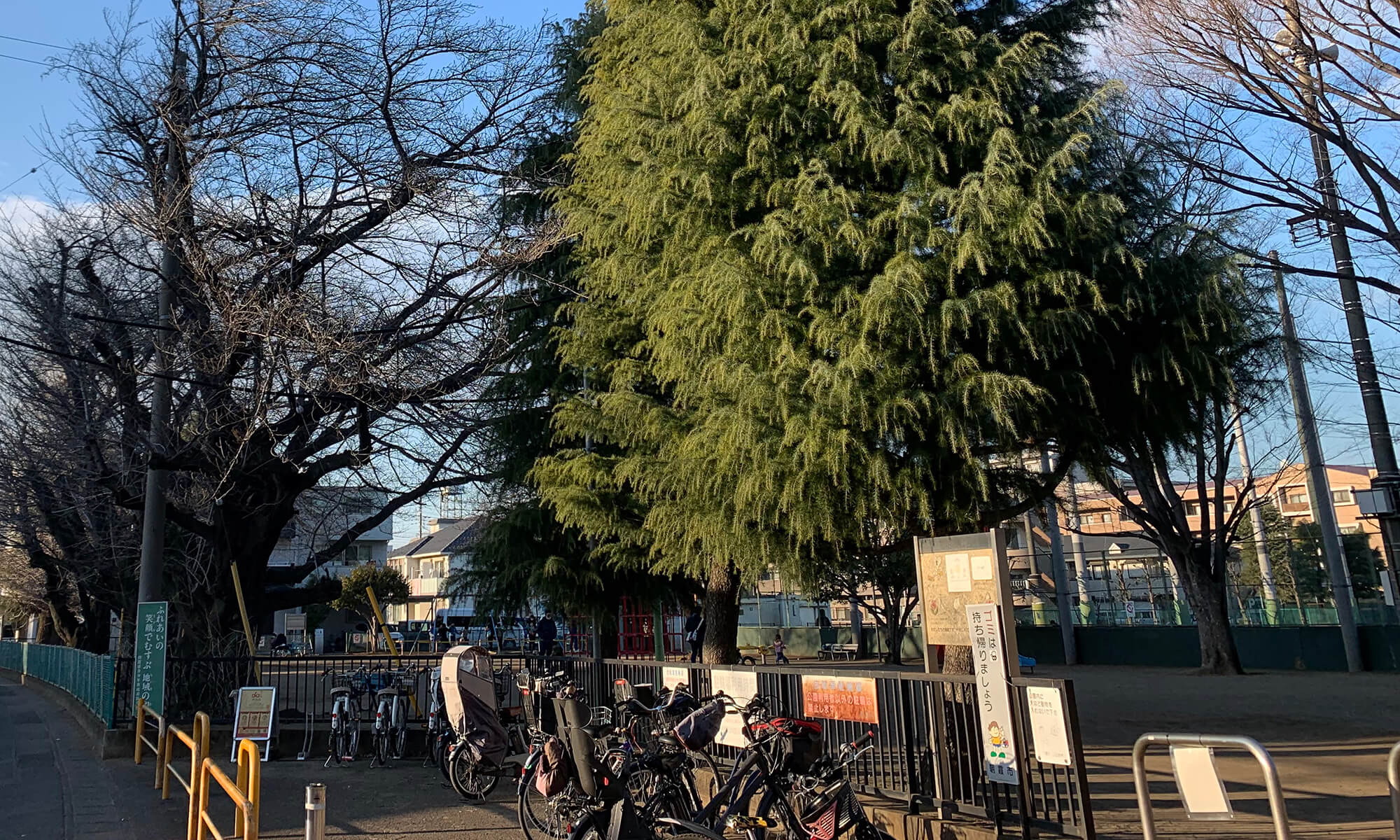 公園入り口の駐輪場とシェアサイクル（ダイチャリ）