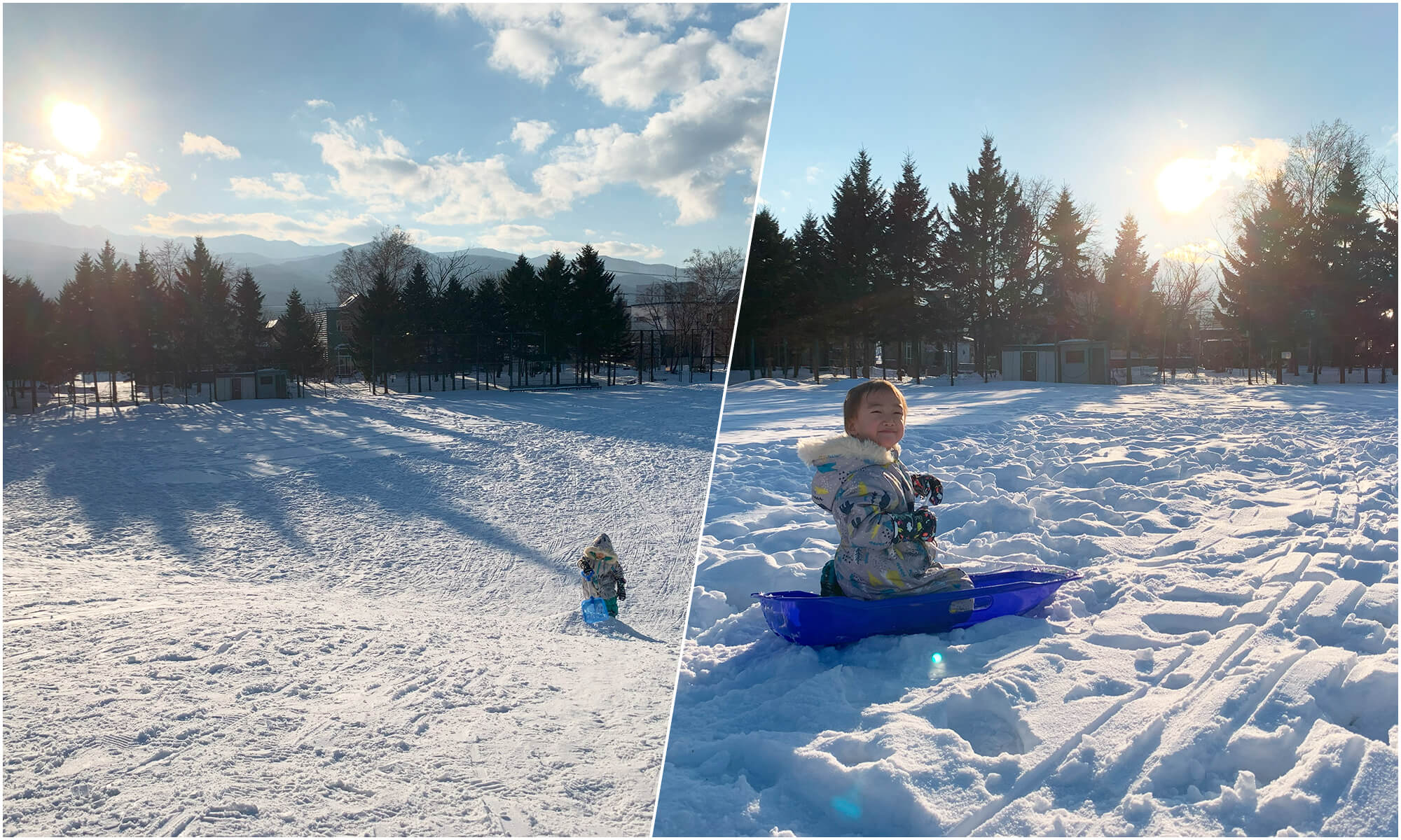 天気の良い雪山のある公園